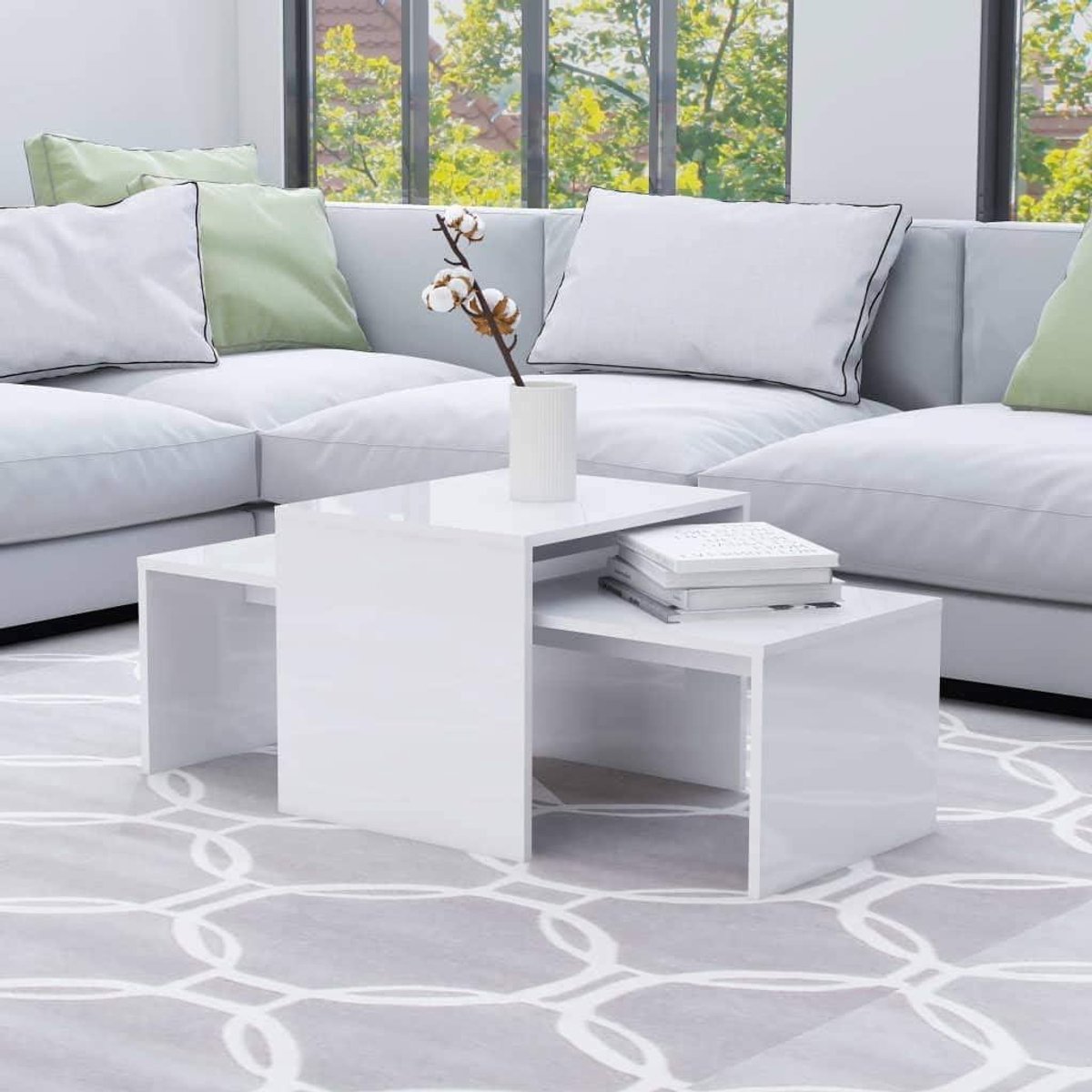 Salontafel Set - Bijzettafel Set - Woonkamer Inrichten - Met Opbergruimte - 100 x 48 x 40 cm - Hoogglans Wit