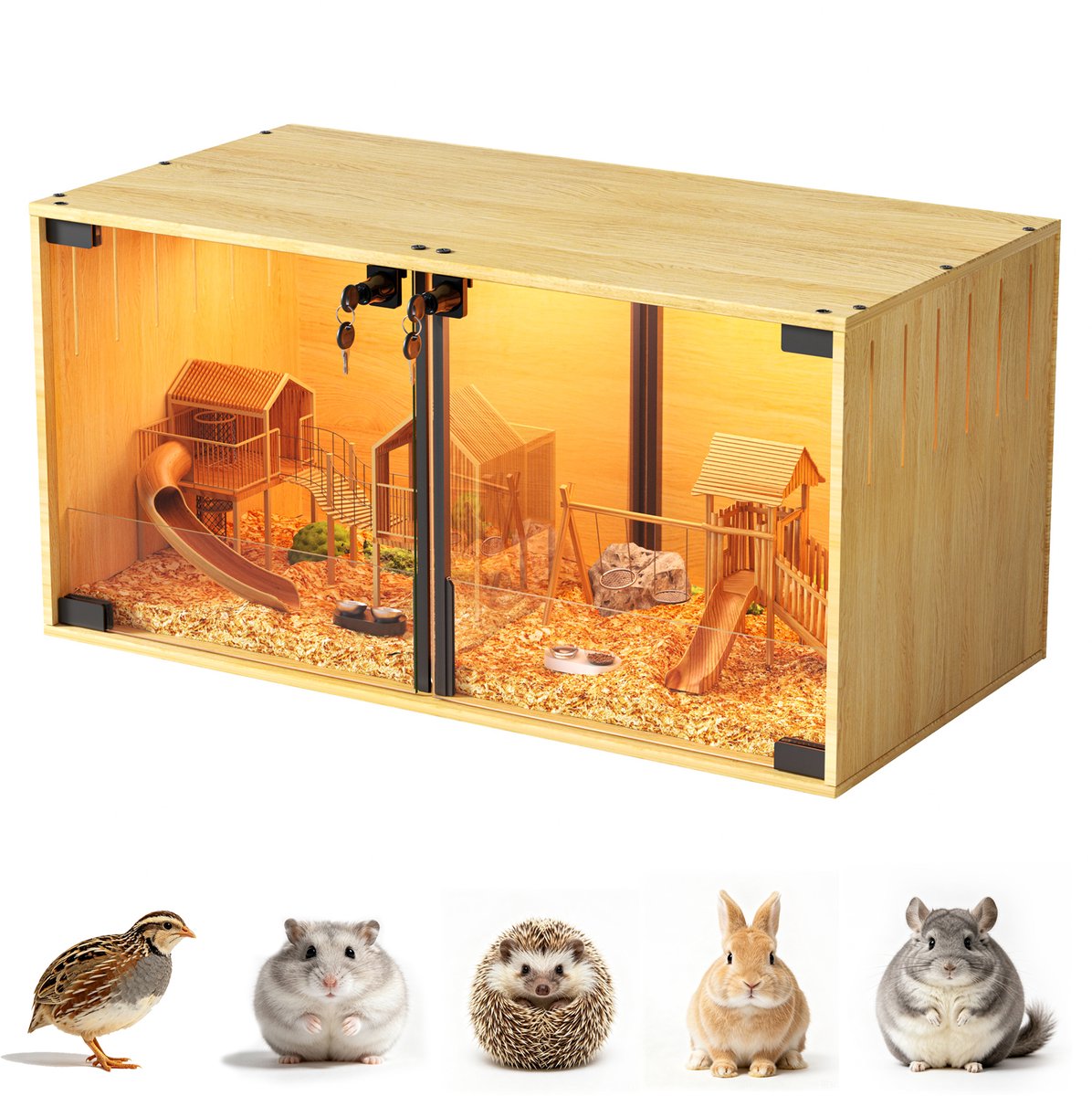 BingoPaw Luxe Houten Knaagdierenkooi met Ledverlichting - 80x40x40 cm - Knaagbestendige Hamsterkooi van Gehard Glas & Premium Multiplex - Geschikt voor Hamsters, Cavia's en Egels