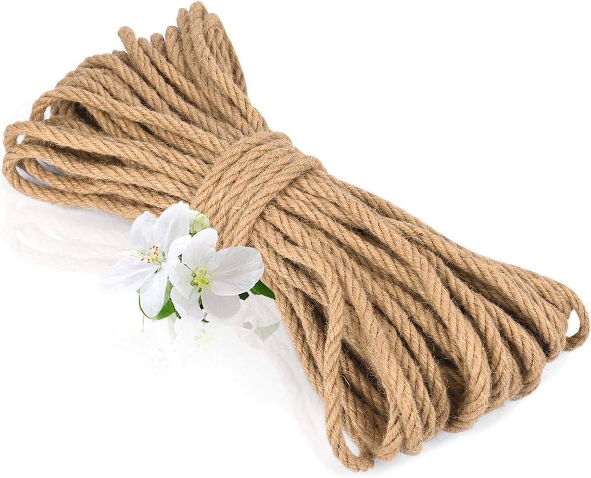 Natuurlijke Jute Touw van 15m, 6mm Dikte voor Tuinieren, Kamperen en Creatieve Decoraties, Perfect voor Krabpalen en Cadeauverpakkingen