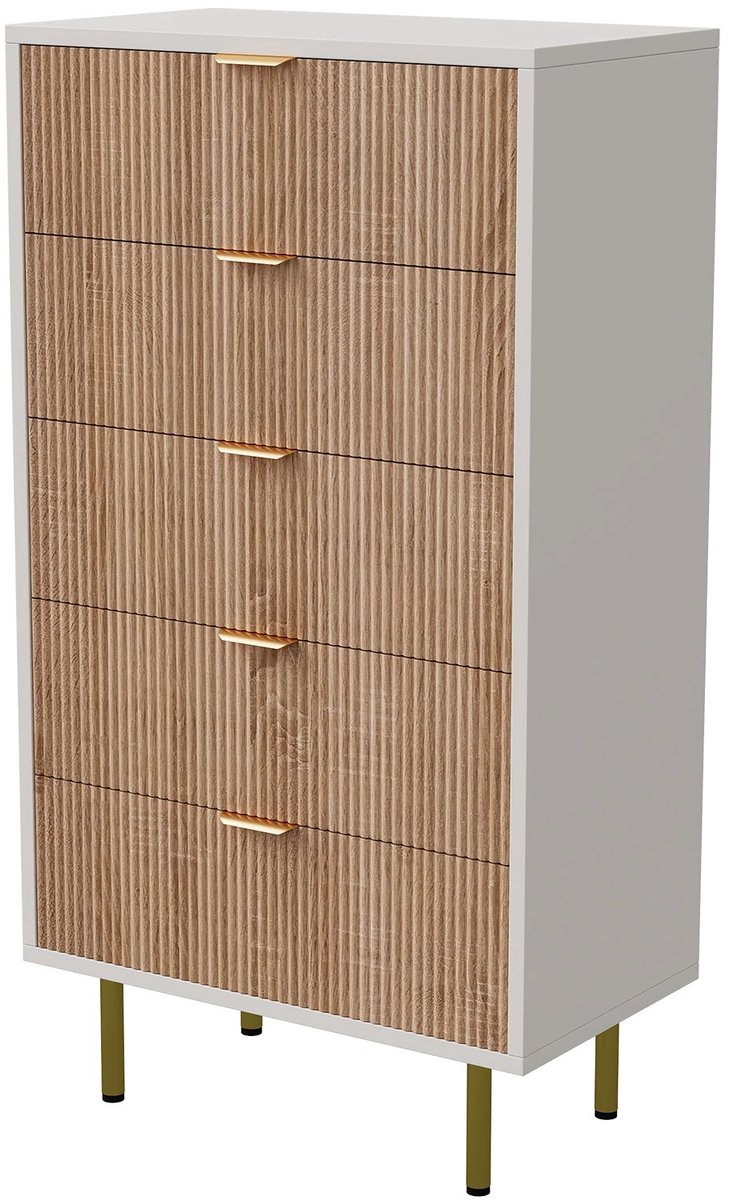Golaro Ladekast - Opbergkast met 5 Lades - Ladekasten - Ladenkastje Wit met Houtlook - Opbergkast met Lade - 60 × 34 × 110 cm