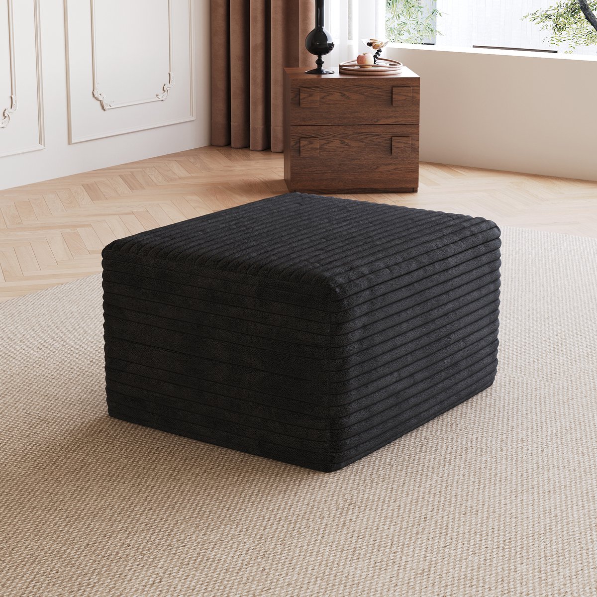 HAUSS SPOLE Voetenbankje - Ottoman - Zonder Montage - Zacht Ribfluweel Design Voor Woonkamer En Slaapkamer - Stof Zwart