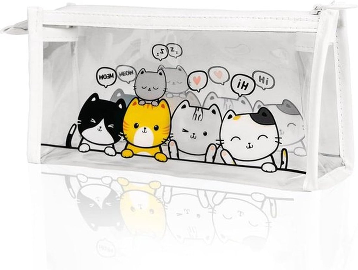 Doorzichtige make-up etui met kat design, grote capaciteit en stevige pasvorm, transparant kunststof van 22 x 11 x 5 cm voor toiletspullen en cosmetica