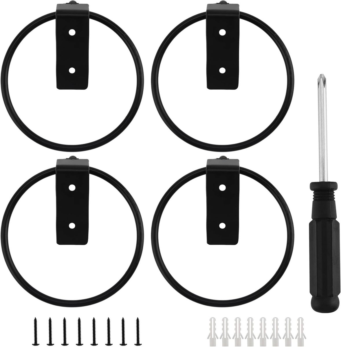 Bloempothouders set van 4, diameter 10 cm, ring voor aan de muur, opvouwbaar, buiten, wandplantenrek, inclusief schroeven en schroevendraaier, zwart kleur.