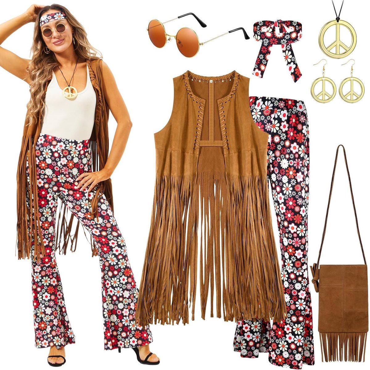 Hippie Kostuum Set voor Dames met Franje Cardigan, Flared Broek, Hoofdband en Zonnebril voor Halloween en Themafeesten