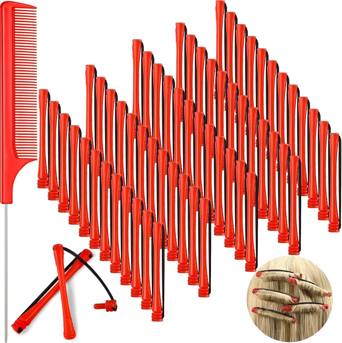 60 Stuks Korte Haar Permanente Staven - Plastic Cold Wave Permanent Rods met Stalen Pintail Kam voor Haarstyling en Krullen (0.5cm, Rood)