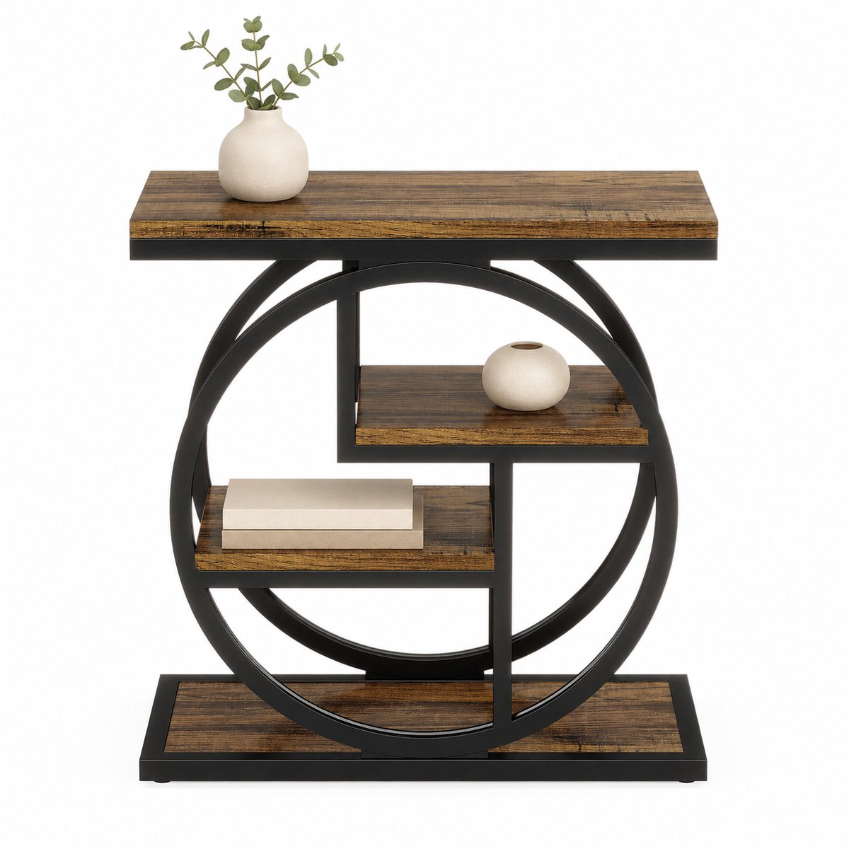 DMG Supply Bijzettafel met 4 Lagen - Smalle Zijtafel - Industrieel - Bruin/Zwart - 65 x 30 x 65 cm
