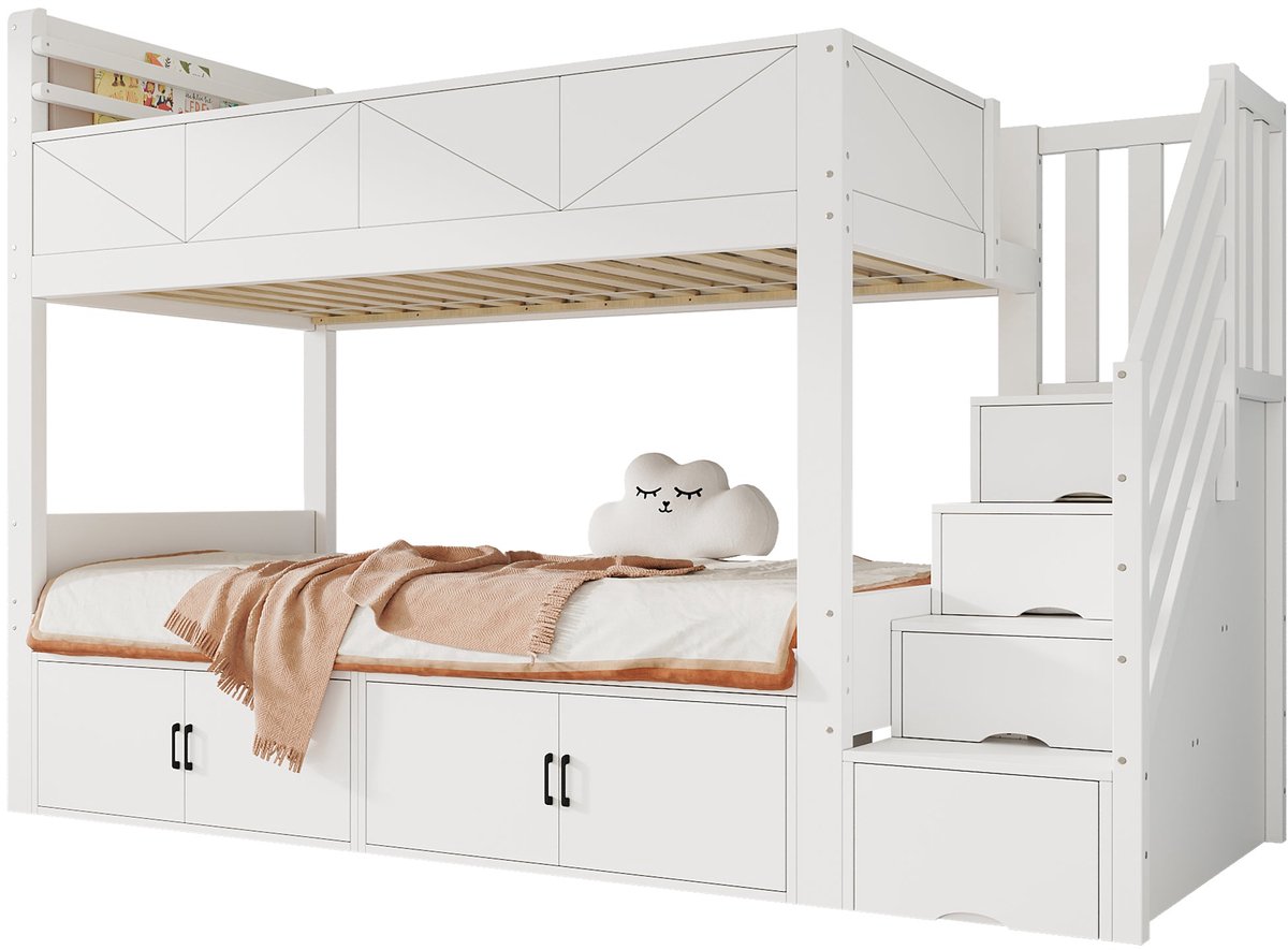 Merax Stapelbed voor Kinderen 90x200 cm - Wit - Met Opbergtrap - Kastvakken - Veiligheidsrand - Houten Lattenbodem