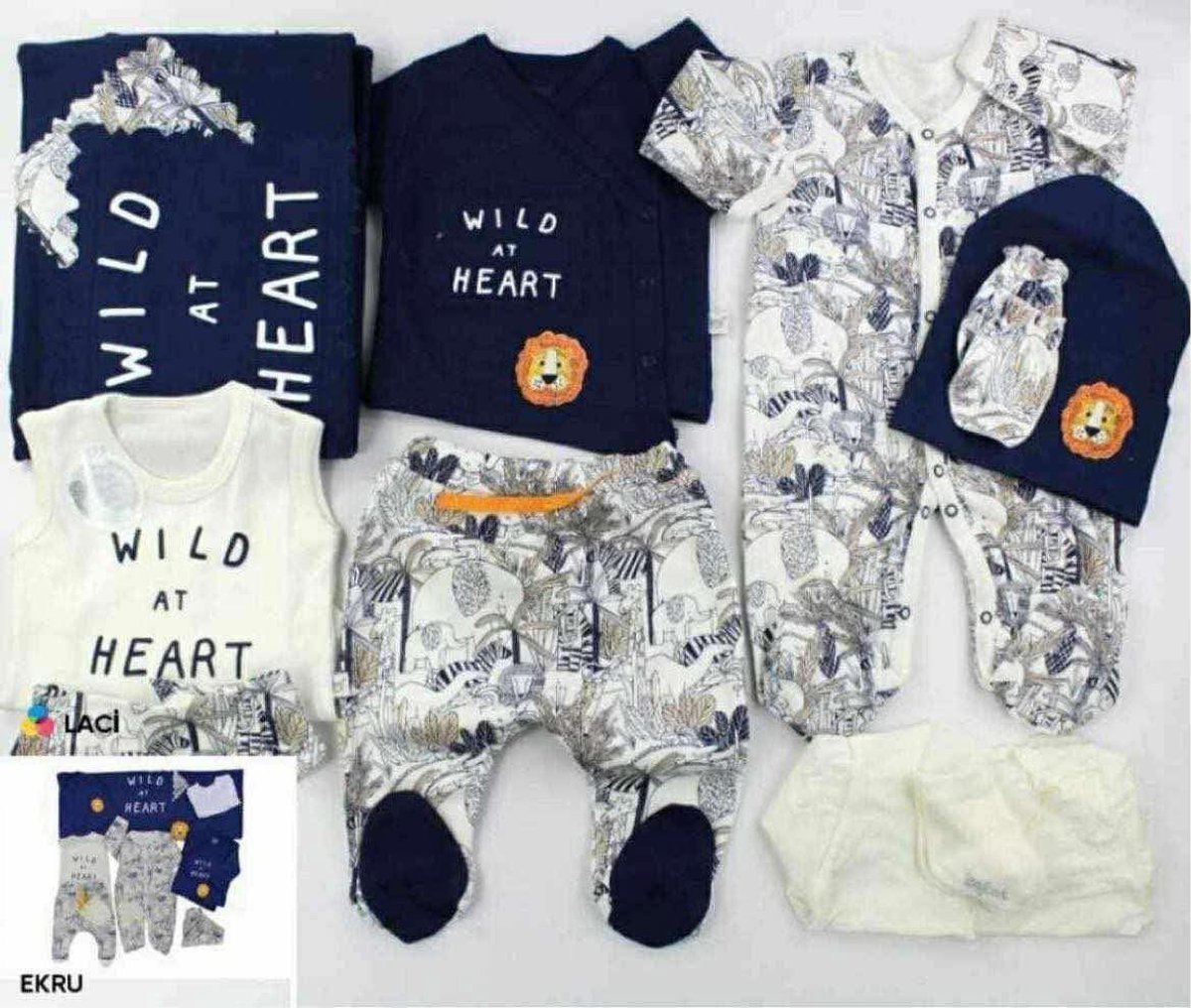 10-delig Newborn Baby Kleding Jongen | Baby Cadeau - pasgeboren baby - 10 stuks | Kraam cadeau | Babyshower Cadeau Set | 0-3 Maanden - donkerblauw / Wit - Leeuw