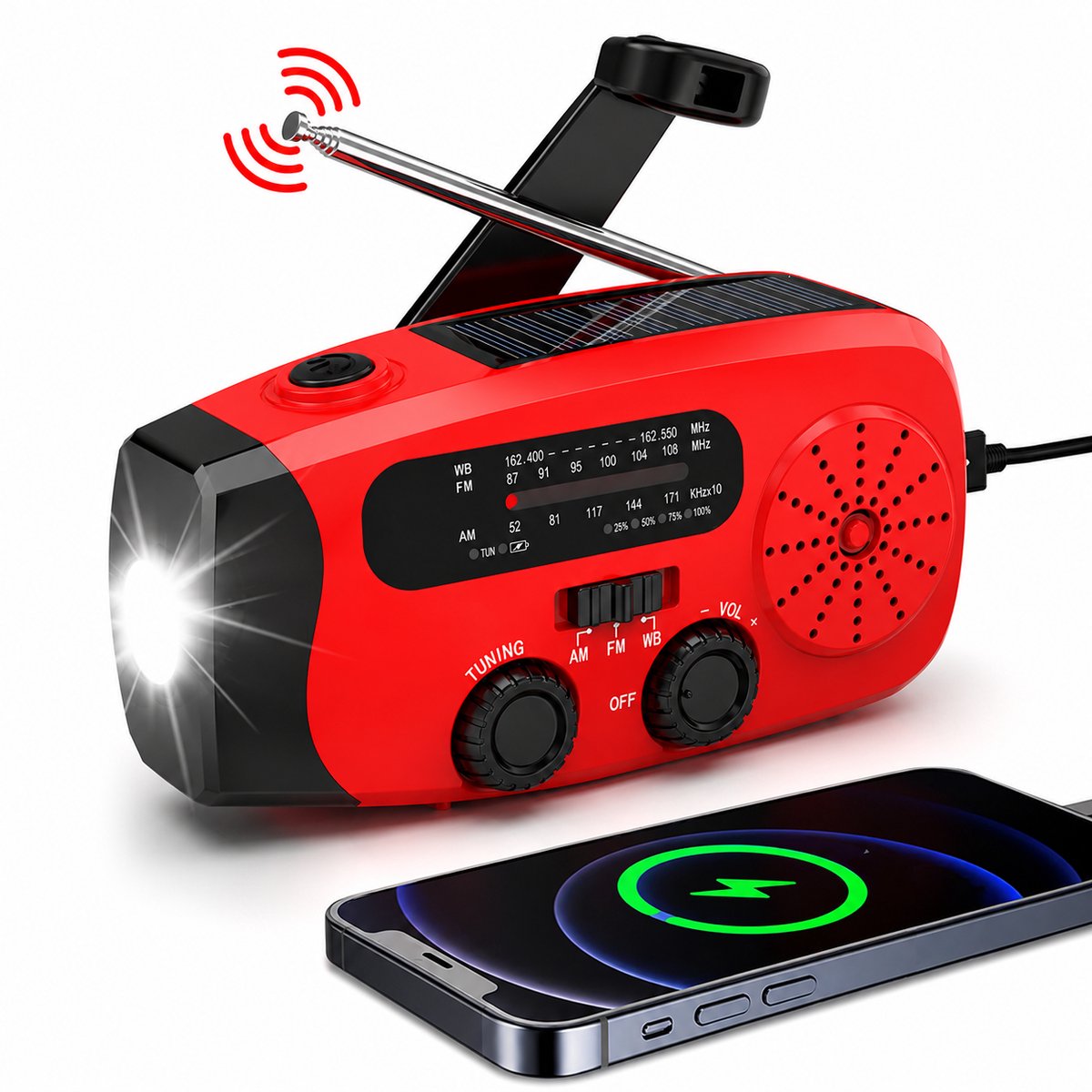Intelectronics Noodradio met Powerbank 2000mAh - Solar & Handcrank Oplaadbaar - AM/FM Radio - LED Zaklamp - SOS Alarm - USB Opladen - Voor Camping, Outdoor & Stroomuitval