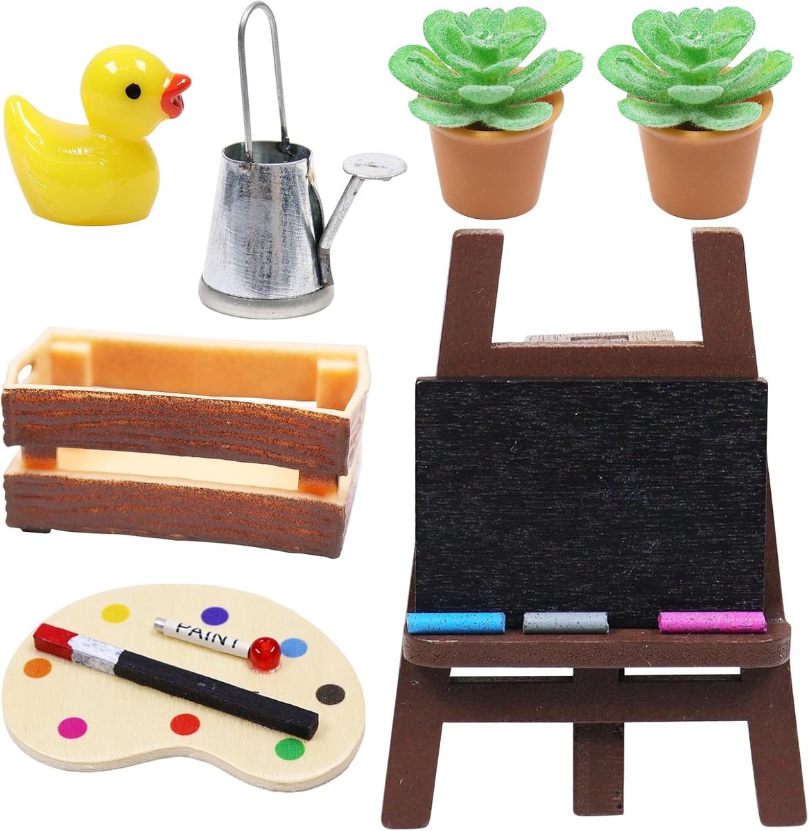 accessoires, kerstkabouteraccessoires, miniatuur kabouteraccessoires, schilderkunstset, 1/12 poppenhuis accessoires, ezel kleine eend potplant gieter, miniatuur Kerstmis poppenhuis accessoires