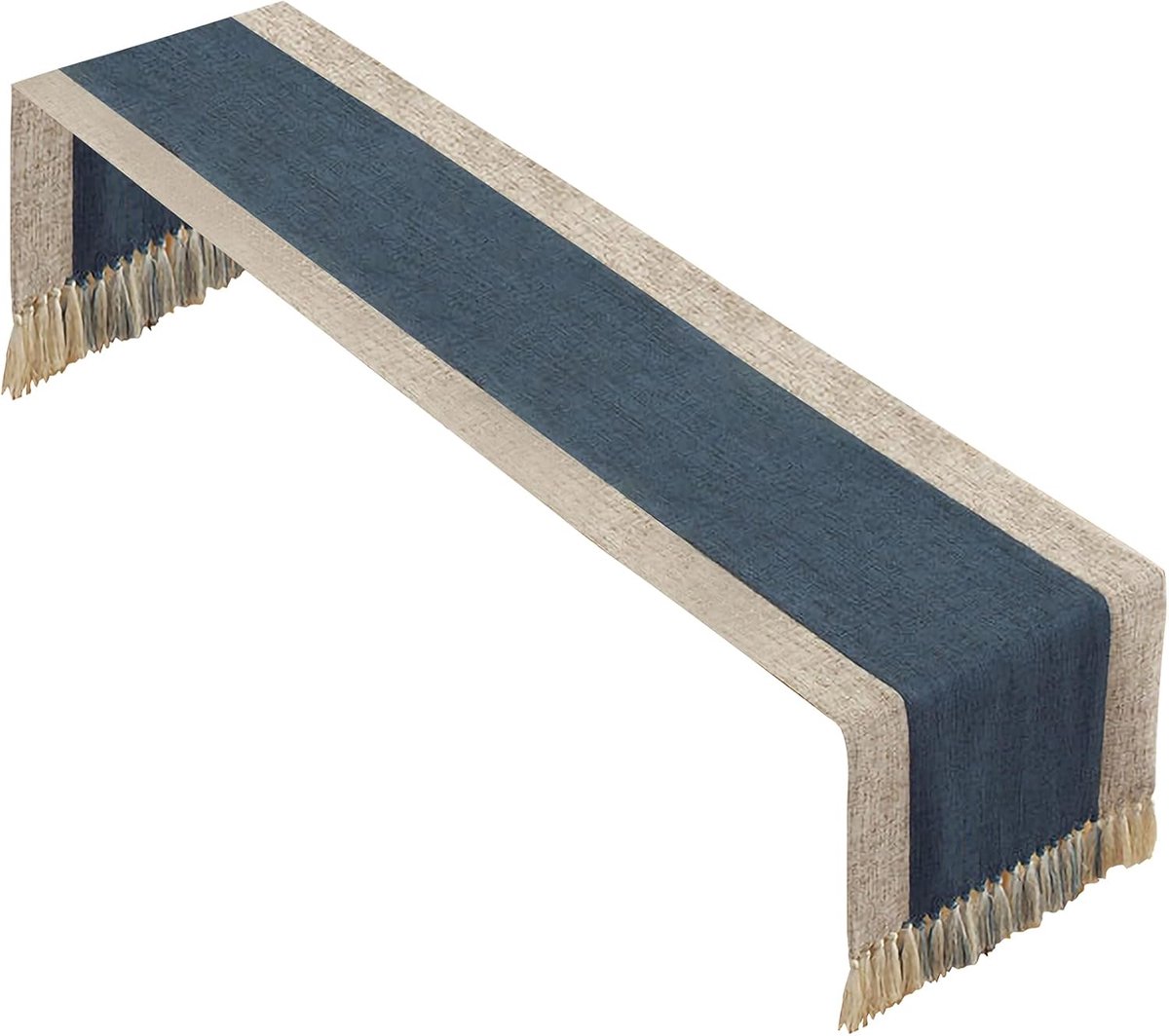 rismart Katoen Linnen Tassels Tafelloper voor Dineren Dressoir Tafel Marine Beige,38 x 200 Cm