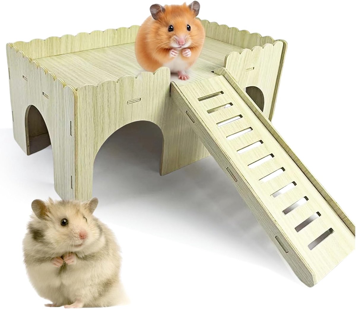 cavia's, huis, hamster, huis, hamster, huis, hout, met helling, 4 ingangen, cavia's, speelgoed, doe-het-zelf speelgoed, kooidecoratie, cavia-accessoires, 38 x 25 x 18 cm