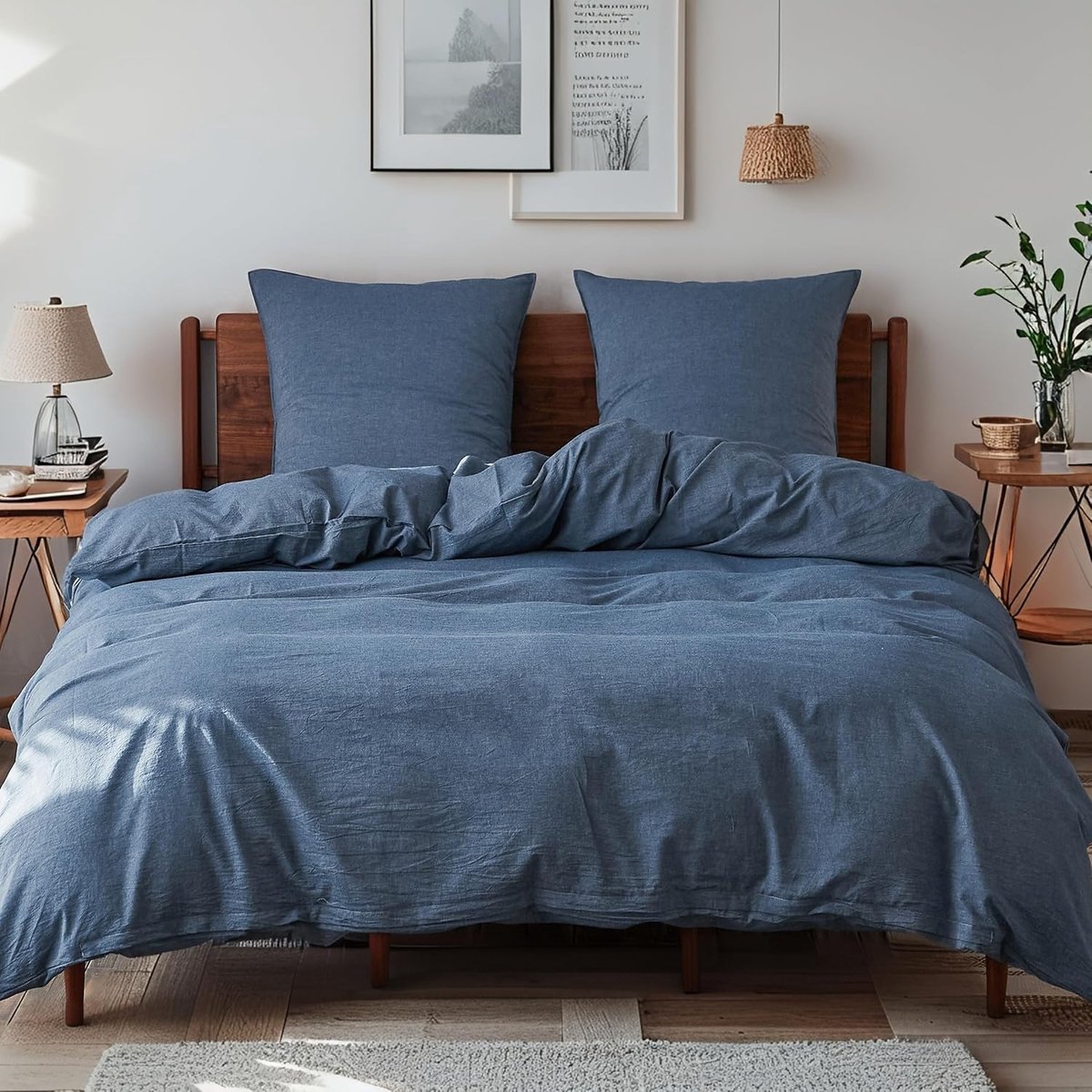 Beddengoed, 2-delig, 100% gewassen katoen, zacht en aangenaam slaapcomfort, Oeko-Tex gecertificeerd dekbedovertrek en 1 kussensloop (135 x 200 cm, 1 x 80 x 80 cm, blauw)