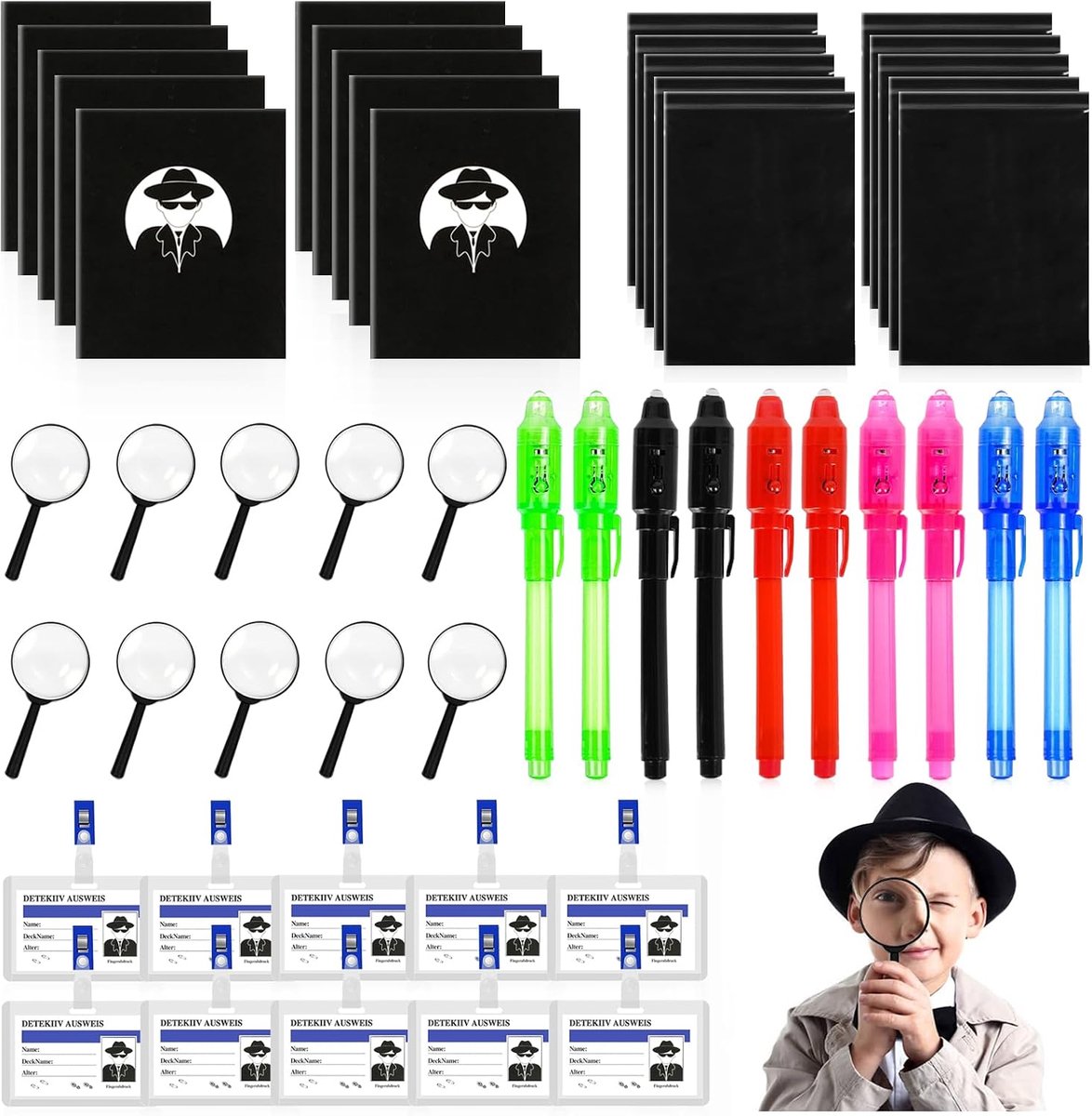 Detective speelgoed voor kinderen, 50 stuks, spionageset met pen en notitieboek, ID-kaarten, vergrotingslens, rollenspel van detective, onderzoeksspel
