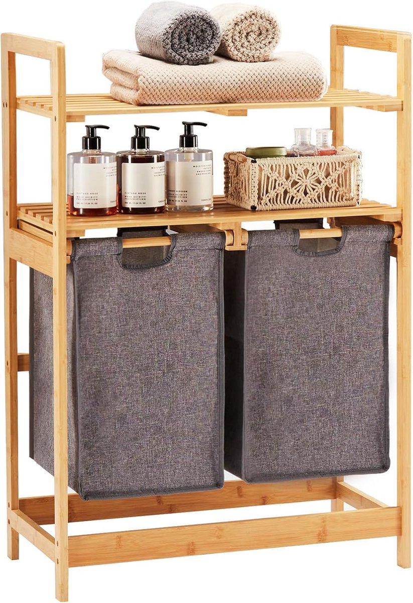 Wasmand van bamboeframe, wasverzamelaar met 2 planken, met 2 uittrekbare waszakken, geschikt voor slaapkamer, badkamer en waskeuken, 93 x 64 x 33 cm, grijs