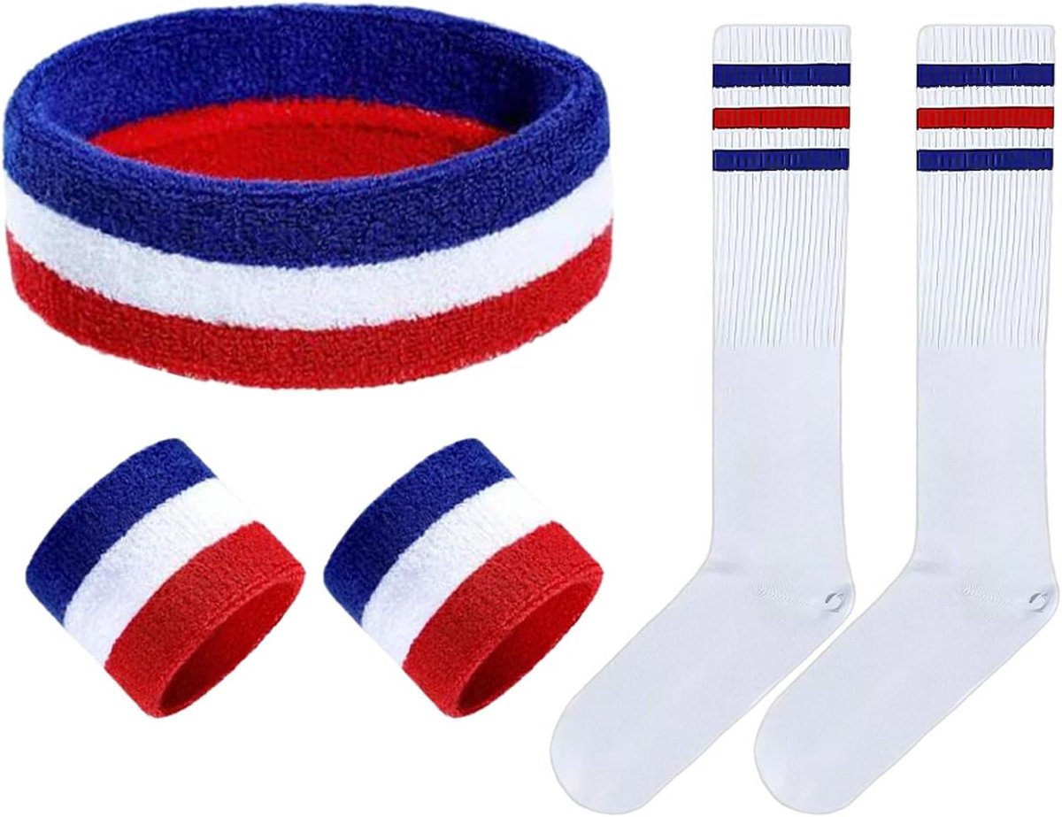 3-delige hoofdband en armbandset, 1 paar sokken, gestreepte zweetband, zweetabsorberende sportarmband, kleurclip-hoofdband, zachte elastische sokken, geschikt voor sport en fitness