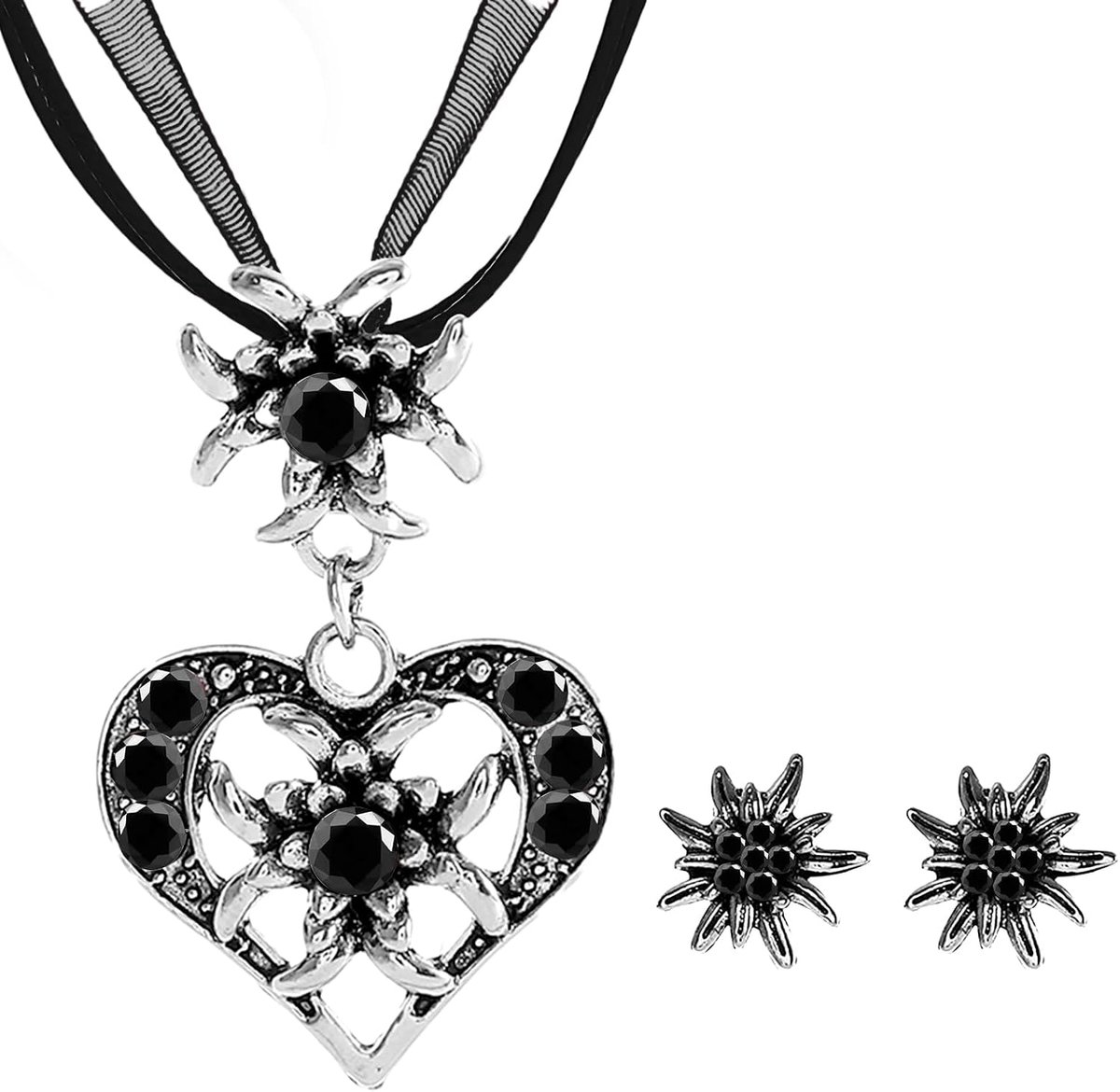 dirndlsieradenset voor dames, klederdrachtketting met strass, edelweiss, harthanger, edelweiss-oorstekers, klederdrachtsieraad, set voor Oktoberfest, bierfeest, dirndl