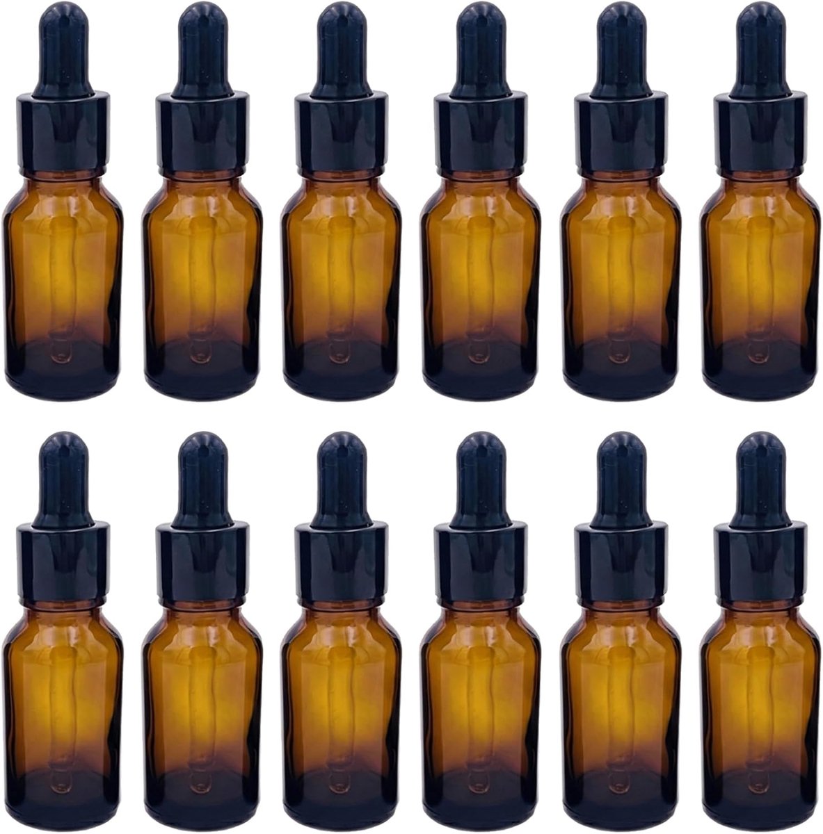 echo-ove 12 amberkleurige glazen flessen van 15 ml (1/2 oz) etherische olieflessen, potten, navulbare make-up, cosmetische monsterflescontainer met glazen oogdruppelaars voor gebruik van etherische