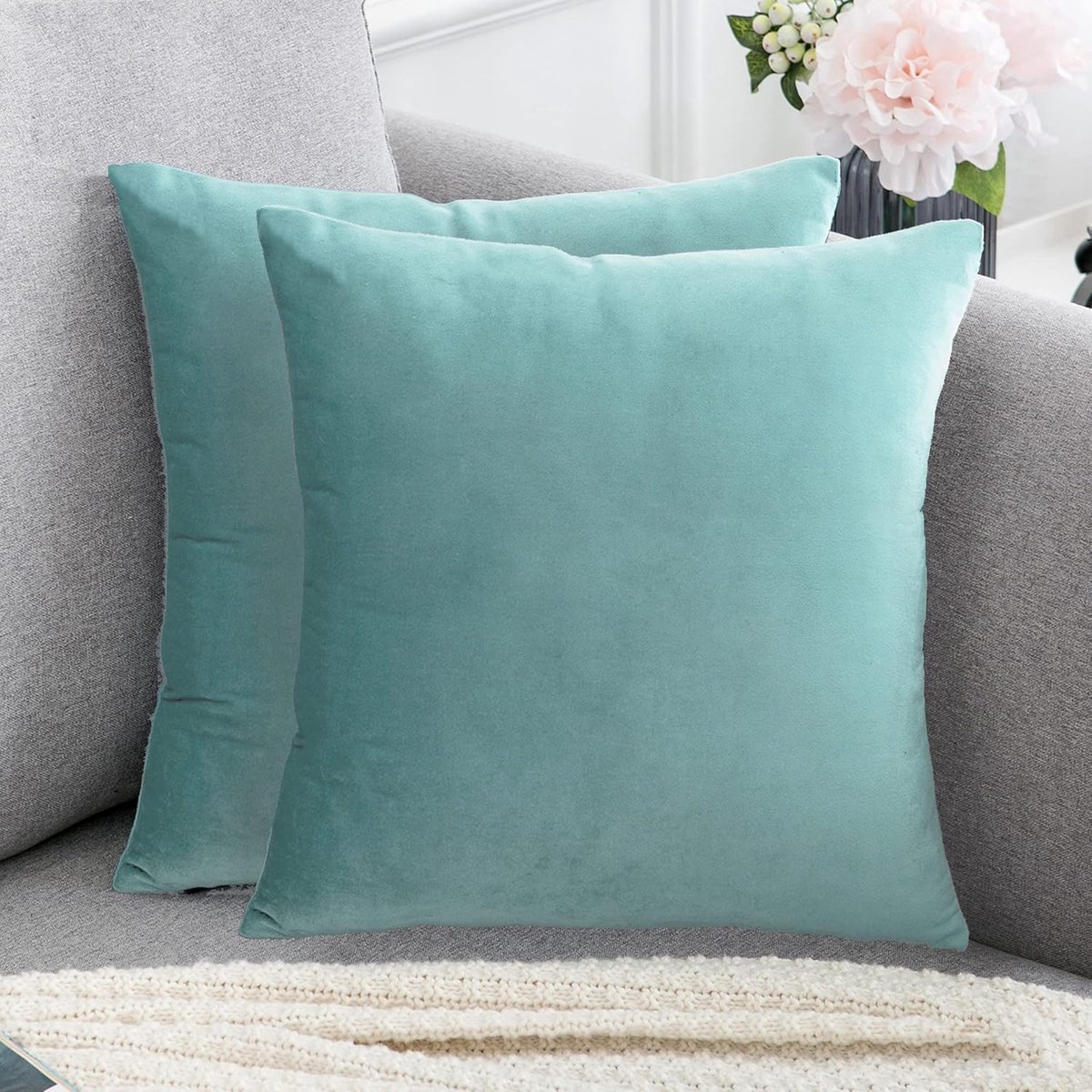 Set van 2 fluwelen kussenhoezen 45x45 Donkergroen zachte en solide, vierkante decoratieve kussensloop voor sofa slaapkamer woonkamer (2 Donkergroen)