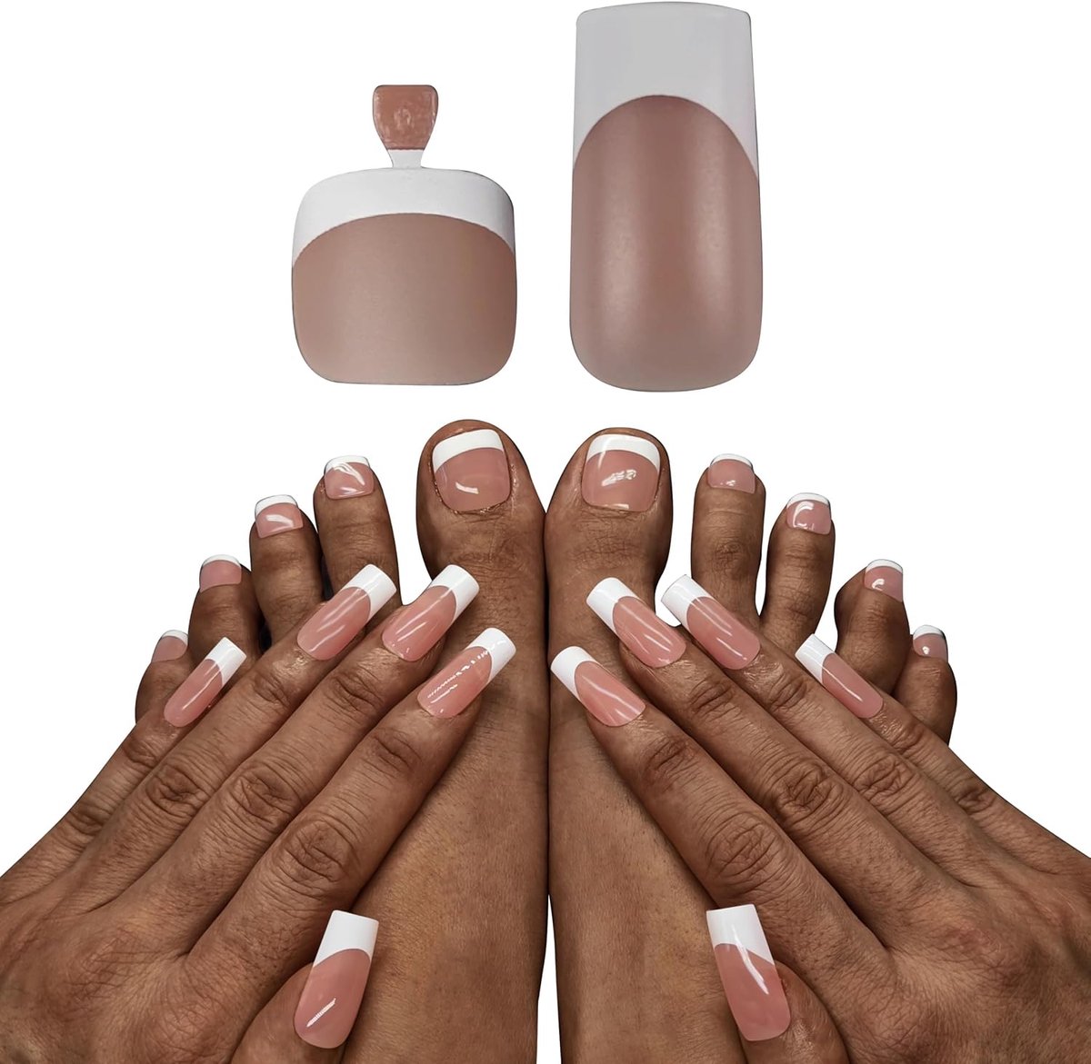 OVO French Tip hand- en teennageltips Press-on kit, bruinroze vierkante zachte gel nagelverlenging, vierkante ronde teennagels, vooraf aangebrachte tip primer en basislaag, volledige dekkende mat