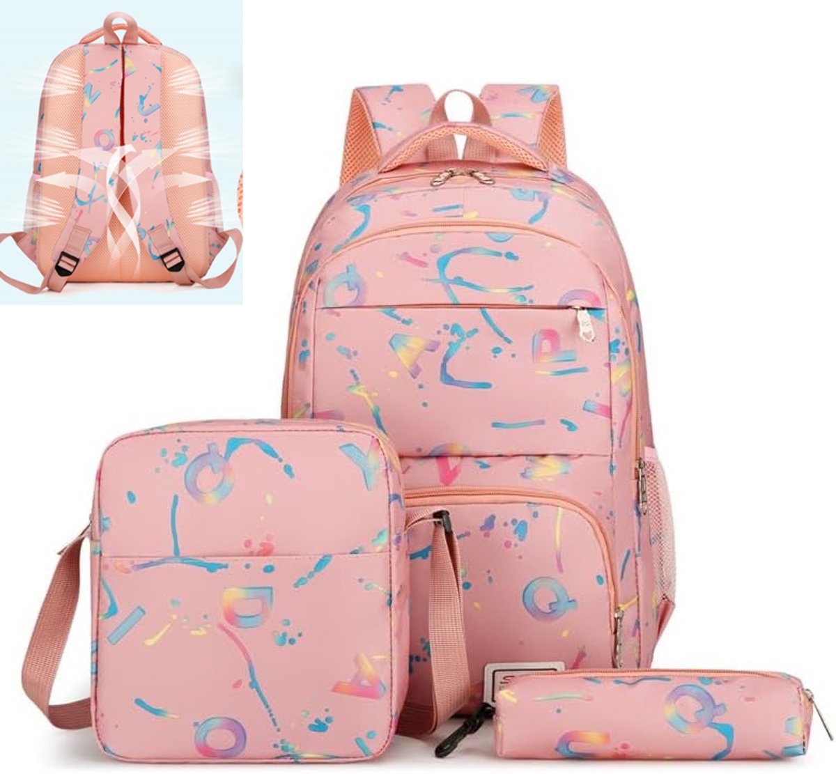 KZQ 3-delige schoolrugzakset 18 inch met lunchtas en etui - Letterprint patroon - Geschikt voor studenten en dagelijks gebruik - Roze