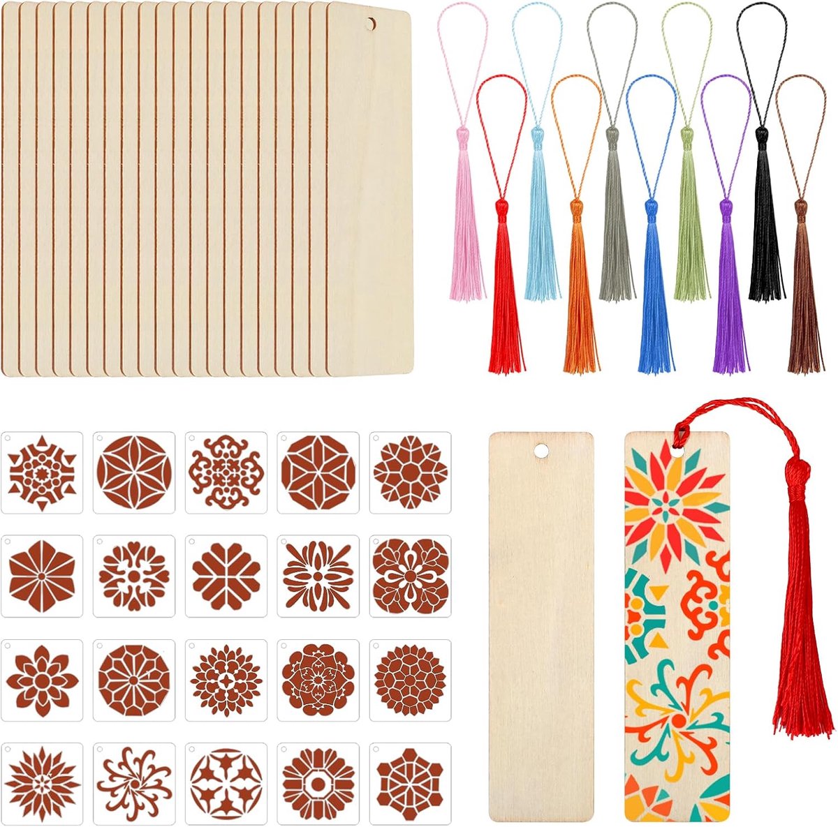 20 Stuks Blanco Houten Bladwijzers Met Mandala-Tekensjabloon en Gekleurde Kwastjes - Onafgewerkte Rechthoekige Hangende Labels Voor Doe-Het-Zelf Ambachten