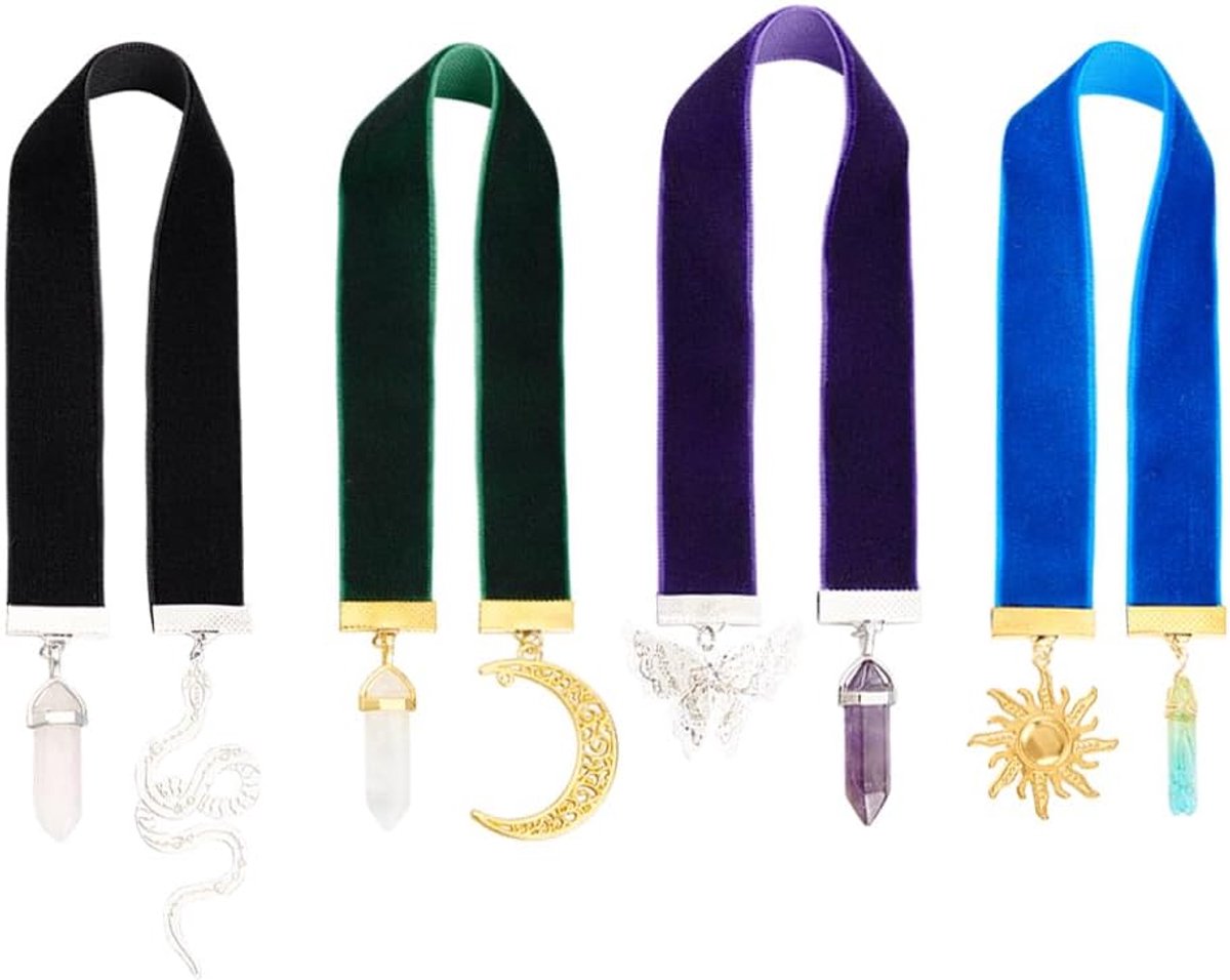 4 Kleuren Fluwelen Lint Bladwijzer (320 ~ 360 mm) Vintage Metalen Bedel Bladwijzer Met Quartz Kristal/Amethist/Vlinder/Maan/Zon Hanger Fluwelen Bladwijzers voor Student Leraar Boek