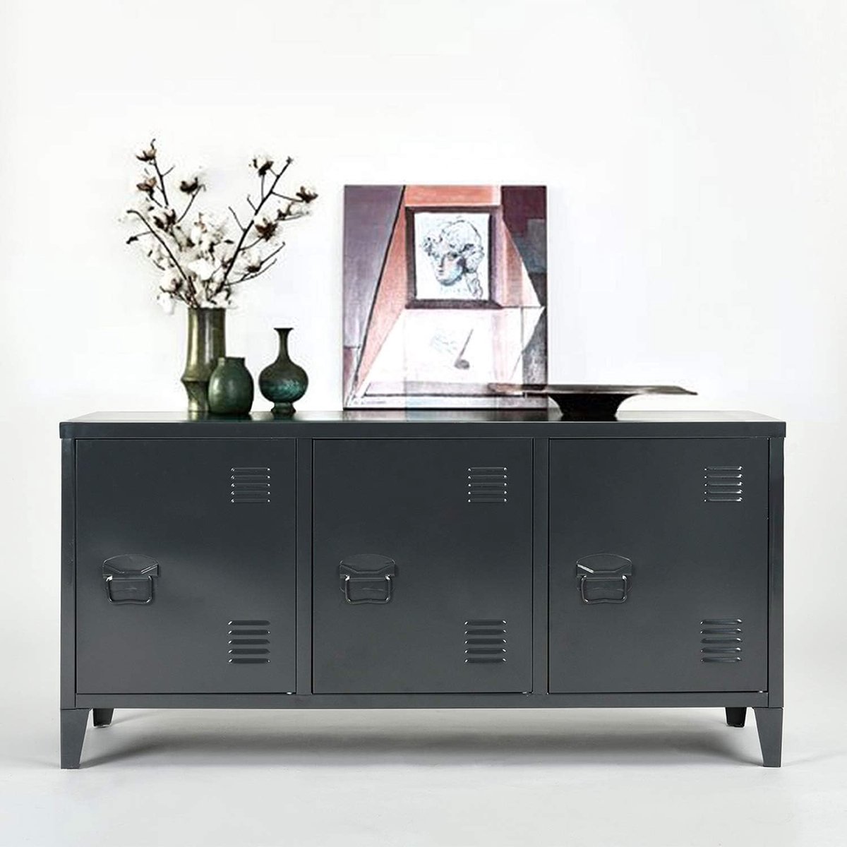 ruimte metalen kast, 2-laags metalen opbergkast, 3 deuren, kantoormeubel, opslag met plank, lage kast, 120 × 40 × 58 cm