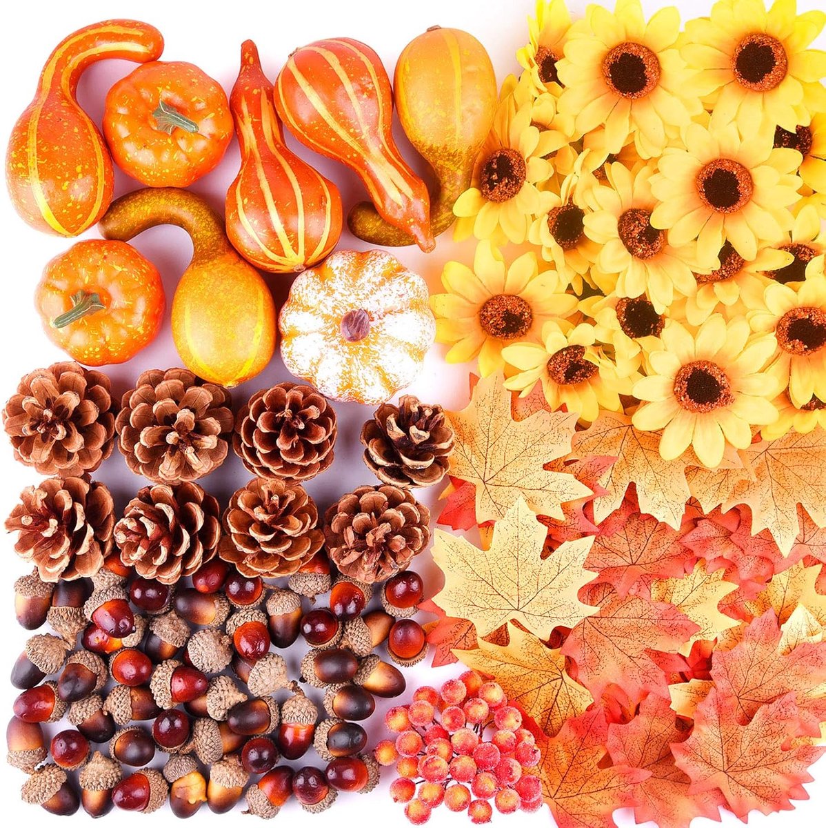 156 stuks herfstige Thanksgiving-decoraties, namaakmini-pompoenen, -dennenappels, -herfstbladeren en -eikels, zonnebloemen en rode bessen, Thanksgiving, feestartikelen