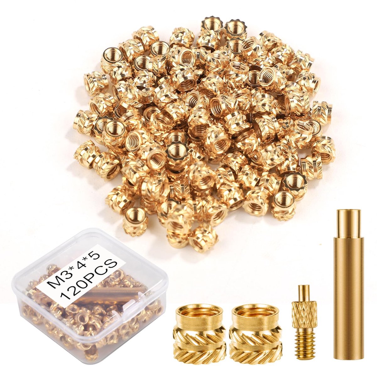 120 Stuks 3D-Geprinte Messing Moeren, M3x4x5mm Schroefdraadinzetstukken Heat Set-Inzettip voor M3 & 1 Lasadapter Warmte Inbeddingsmoer Compatibel met Weller SP40NUS- en T18-Ijzers