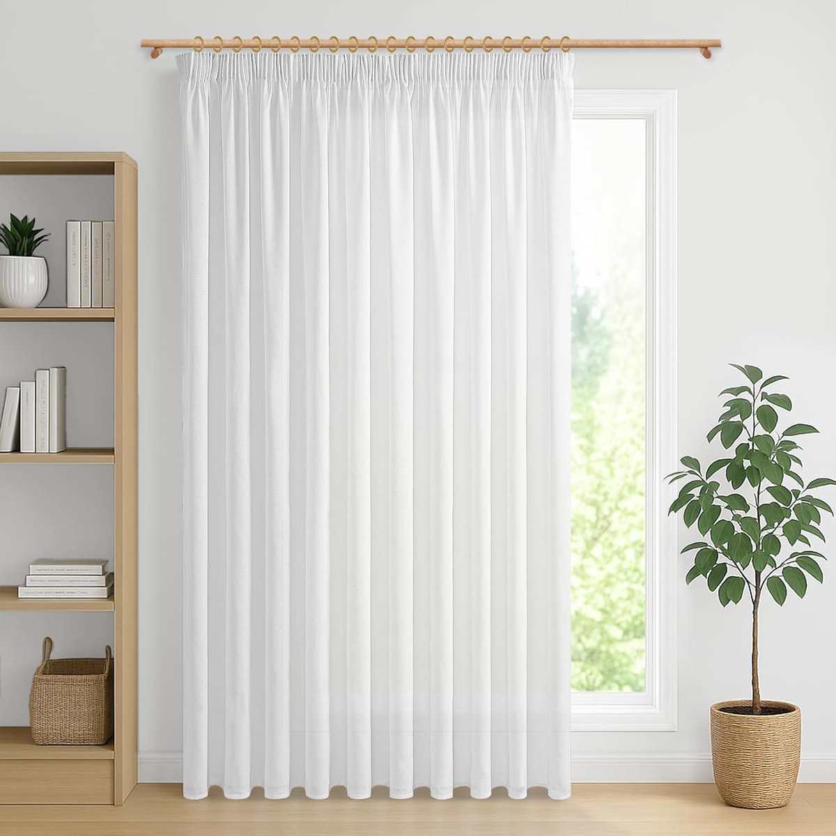 Extra brede gordijnen, linnenlook, half-transparant, voor grote ramen en woonkamer, gordijn, wit, plooiband, 1 stuk, 240 cm lang, 300 cm breed, wit, voor rails, linnen, slaapkamer