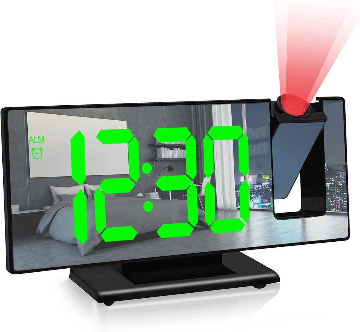 Projectiewekker, digitale wekker met projectie, led-spiegel-digitale wekker met datum, temperatuurweergave, snooze, 3 helderheidsniveaus, USB-aangedreven projectieklok voor slaapkamer (zwart)
