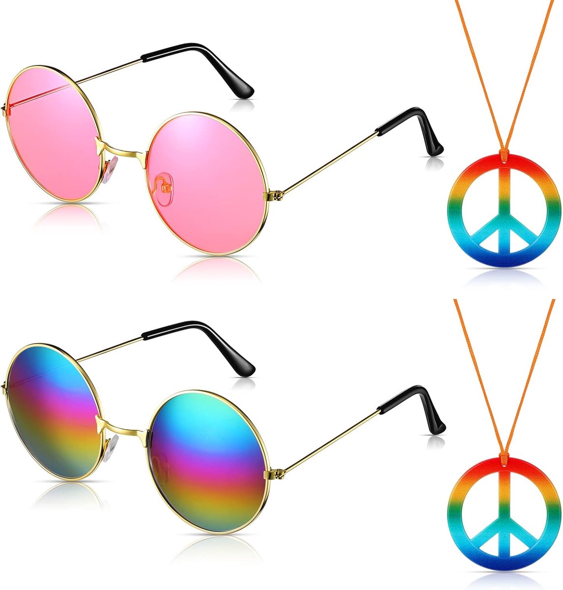 4 hippie-kostuumaccessoires, zonnebril, hippie, halsketting, vredesteken, retro, jaren 60, voor vrouwen en mannen, verkleedfeest, Halloween, festival