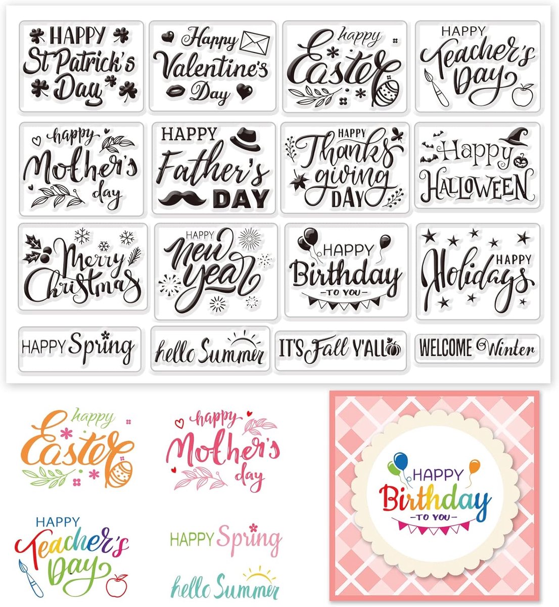 Woord Clear Stempel voor Kaarten Maken Gelukkige Verjaardag Rubberen Stempels Gelukkig Pasen Transparante Siliconen Stempels Vakantie Zegen Woorden Clear Stempel voor DIY Scrap-Booking