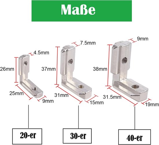 40 x T-sleuf, T-groef binnenhoek, buitenhoek, aluminium profiel, hoekverbinder, L-vorm, binnenhoekverbinder, groef 8 M6, voor 4040 profielverbindingen met schroeven — afbeelding 3