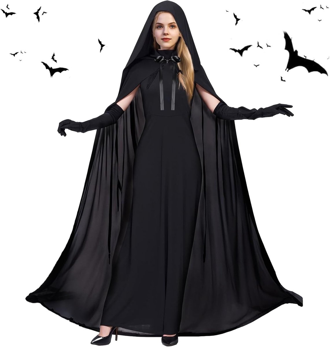 Halloweenkostuum voor dames, spookbruid, koninginnenkostuum, zwarte boze koningin, cape, avondjurk met capuchon, horror, lange vampierjurk, heksen, zwarte robe voor Halloween carnaval kostuum