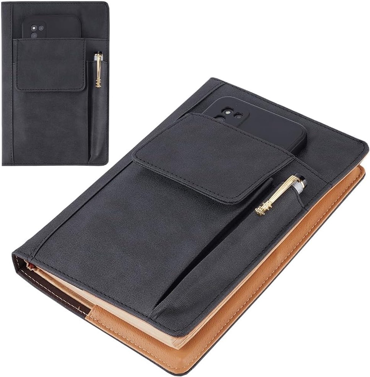 Boekhoezen PU-leer Waterdicht Zwart Herbruikbaar Beschermer voor Kleine Notitieboekjes Paperbacks met Pen Zakjes Booknish Classmate Geschenken 15.5×21.7cm