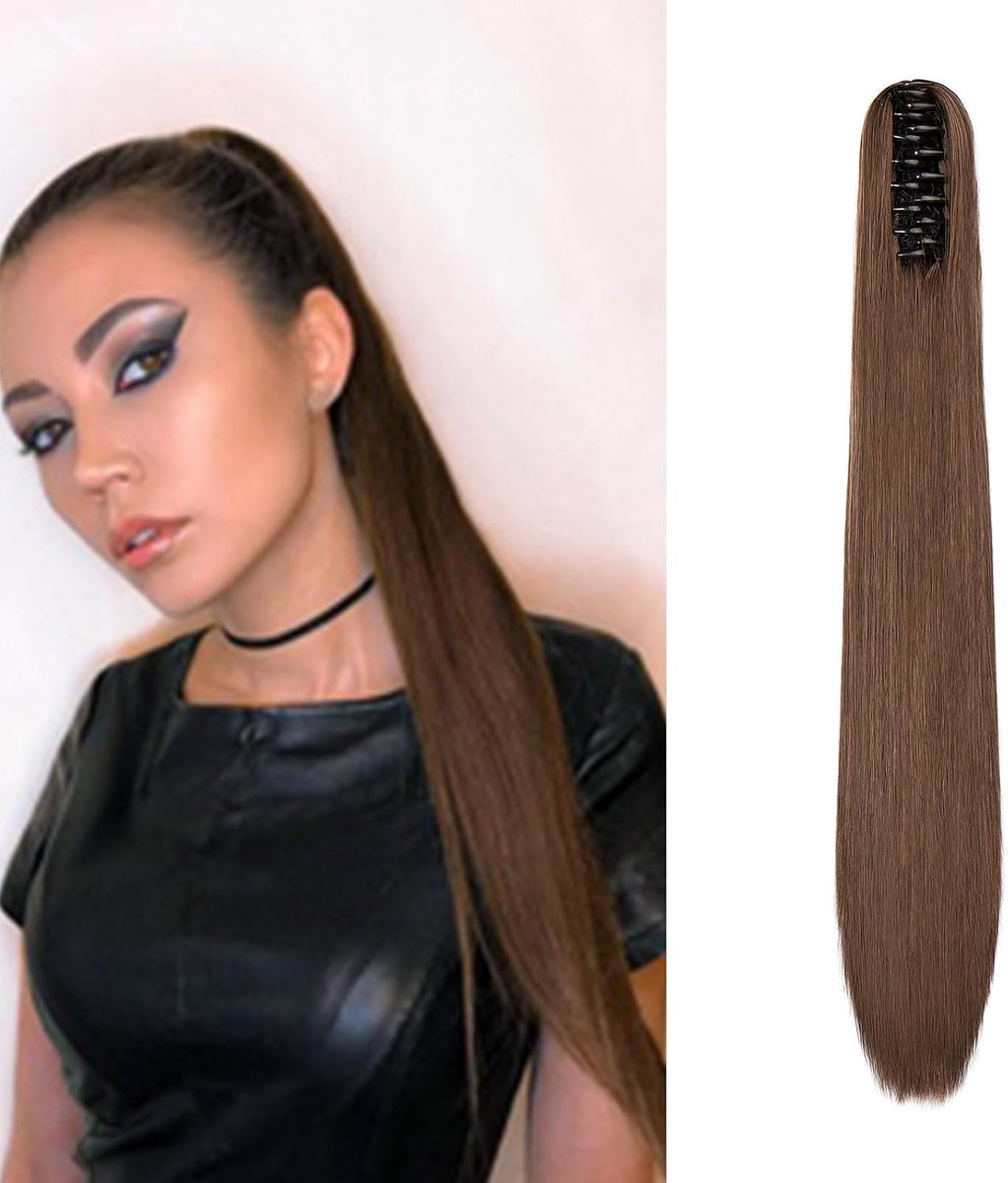 Klauw op Paardenstaart Haarstuk Vlecht Verlenging Rechte Lange Paardenstaart Extensies Haarverlenging Synthetische Ponytail, 55cm Donkerbruin/licht auburn