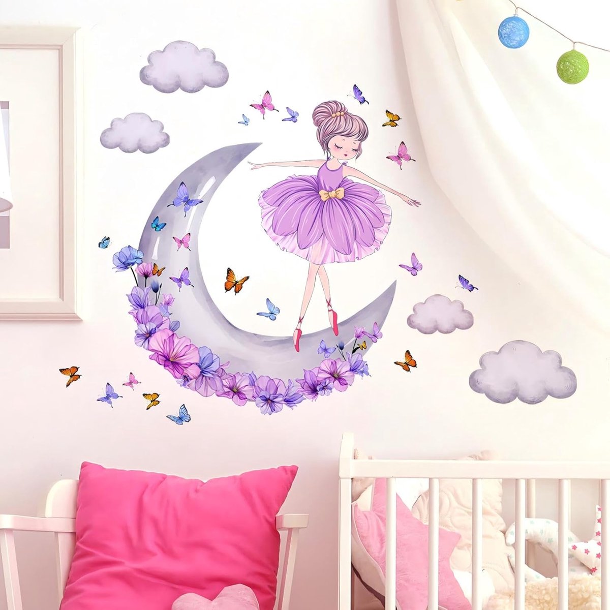 Muurstickers, maan wolken bloem prinses muursticker, roze bloemen muurschildering kleurrijke vlinders wanddecoratie, doe-het-zelf verwijderbare vinyl muurkunst voor meisjes baby