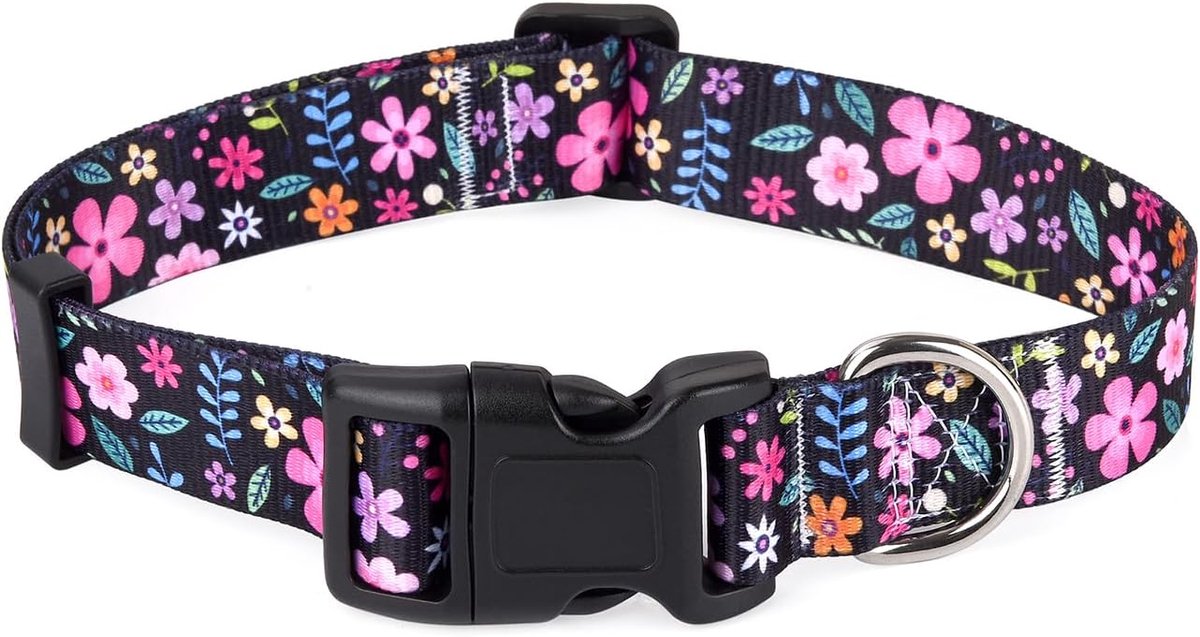 Zachte halsband voor honden, met bloemmotieven, verstelbaar, voor kleine, middelgrote of grote honden (bloemen, S)