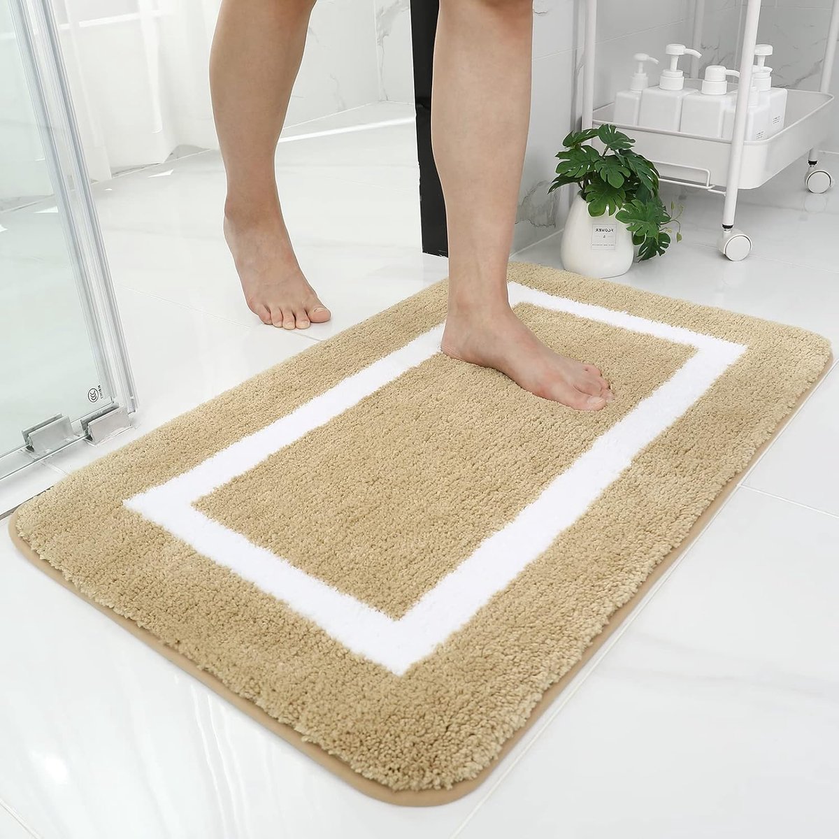 Badkamertapijt, badmat, antislip, wasbaar, badtapijt, zachte microvezel, hoogpolig badvoorlegger – 60 x 90 cm, beige