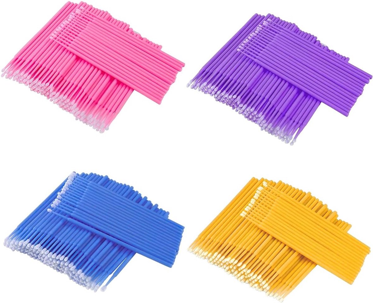 400 stuks wegwerp microborstels, wimperverlenging, micro-applicatoren, penseel, kop, buigbaar, ultrafijn, microborstels voor wimperverlenging, wimpers, make-up, mondverzorging (paars + blauw + roze +