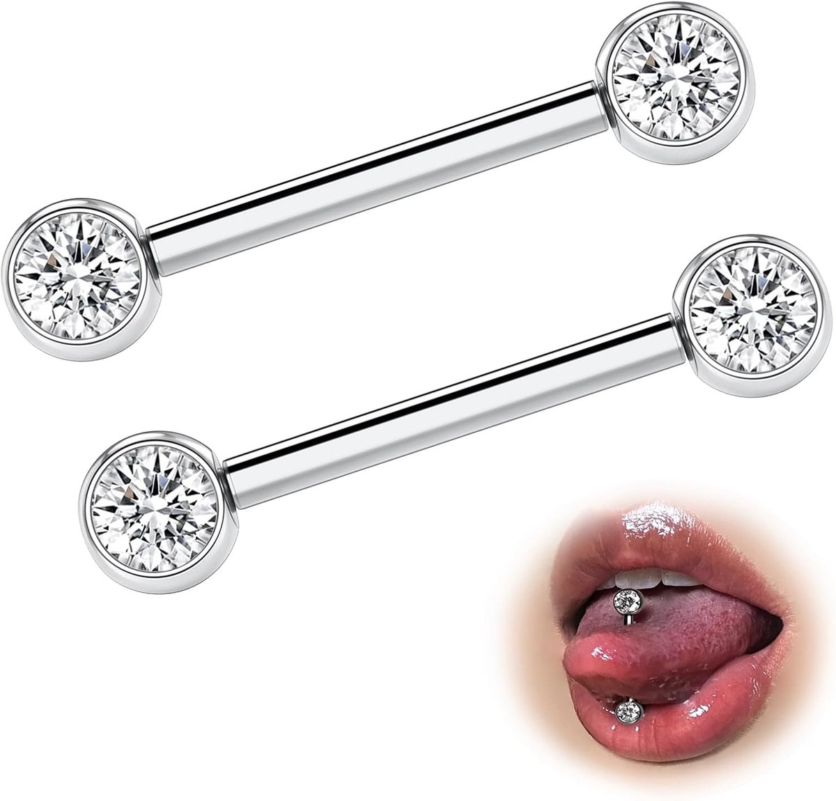 Titanium tongpiercing, tepelpiercing, tepelpiercing, tong, 14G, 12/14/16/18 mm, 4/5 mm kogels, rechte barbell-piercing, 2 stuks