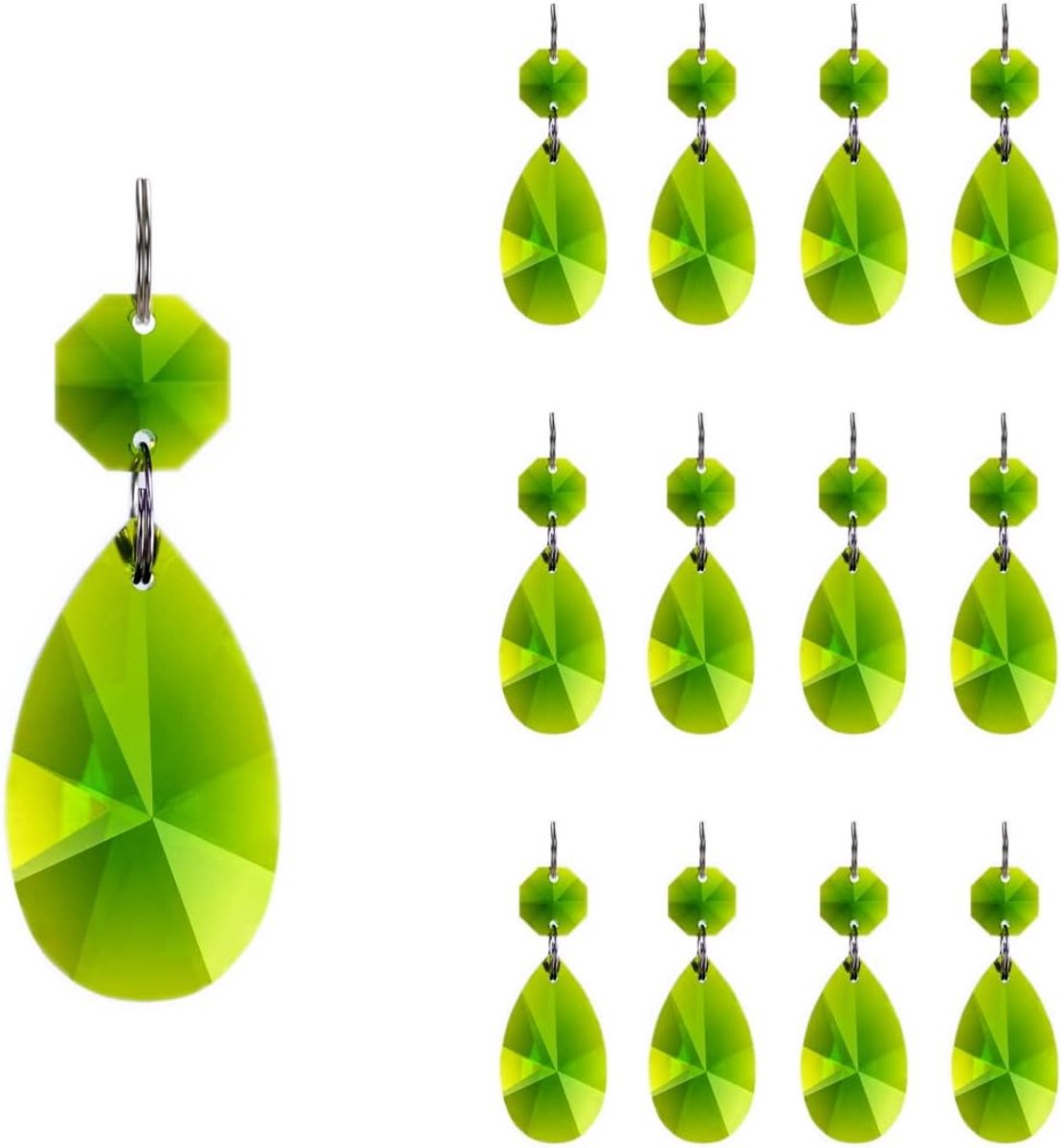 12 stuks 38 mm Teardrop kristallen kroonluchter prisma's onderdelen met glazen achthoek kralen ketting voor kroonluchters, bruiloft, kerstdecoratie (olijfgroen)