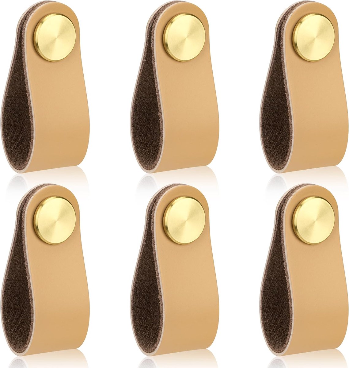 lederen handgrepen meubelgreep messing ladegreep kast knoppen met schroef voor kast kledingkast lade keuken 6 stuks (beige, enkele gat)