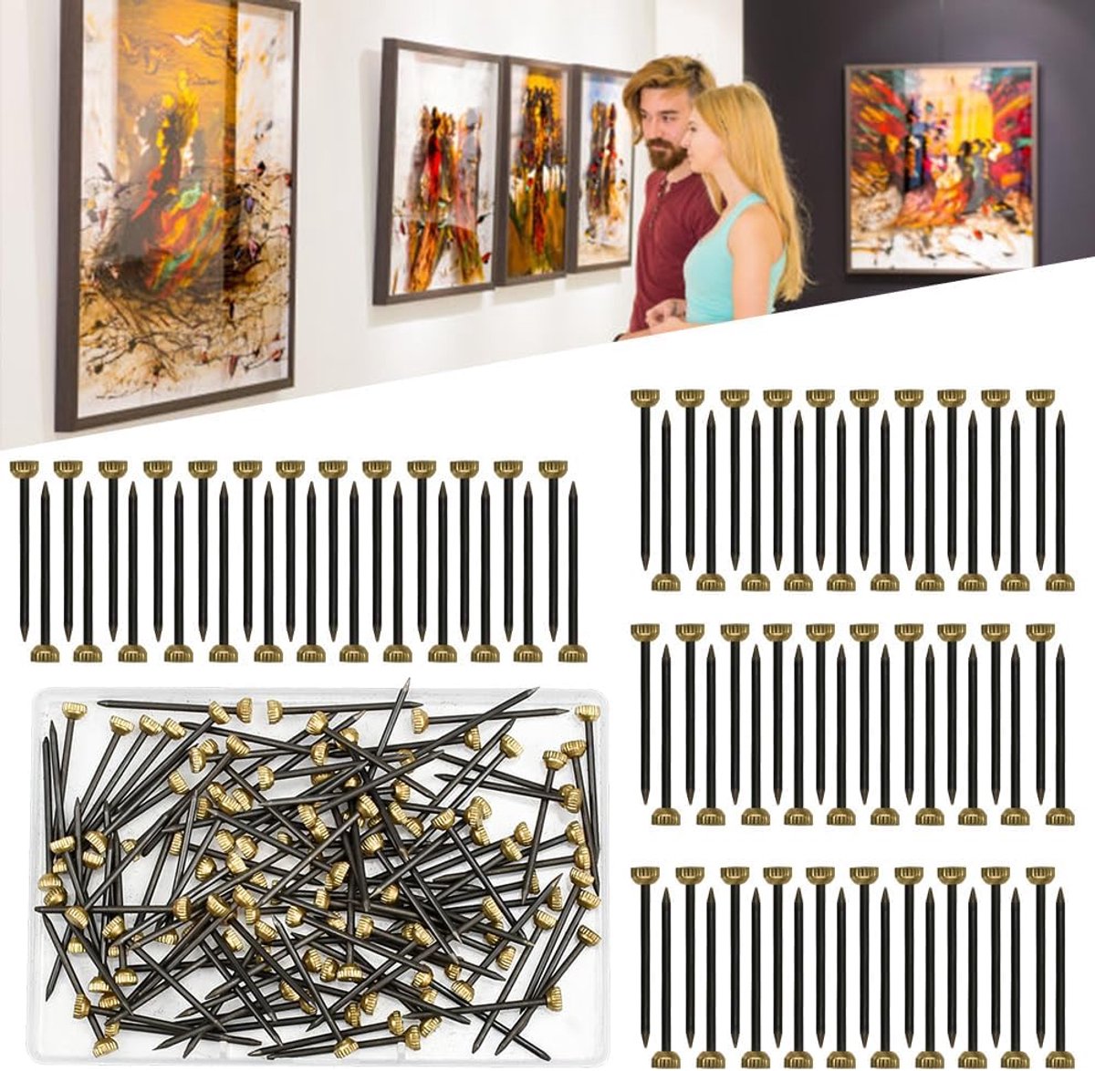 120 stuks fotospijkers assortiment 25 mm stalen spijkers staal afbeeldingen spijker met kunststof doos muur spijker voor het ophangen van messing kop, stalen spijkers afbeeldingen hergebruikt spijkers