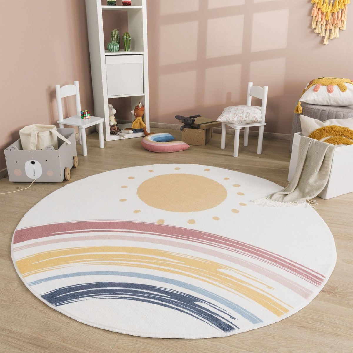 Home Vloerkleed Kinderkamer Meisjes Jongens Modern Regenboog Zon Wasbaar, Kleur:Blauw Geel Roze, Maat:100 cm rond