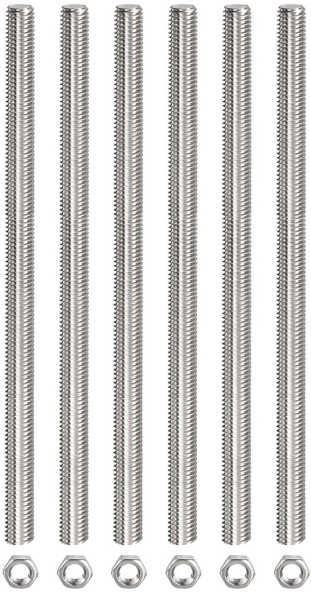 schroefdraadstang (met 6 zeskantmoeren), roestvrijstalen schroefdraadschroeven [voor montagezekering] - M8 x 200 mm, 1,25 mm deel/zilver/6 stuks
