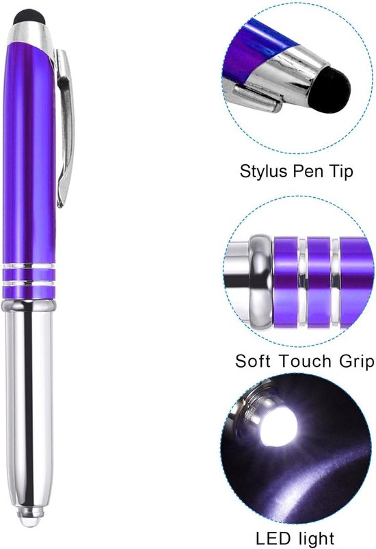 Balpen met styluspunt en LED-zaklamp, 2 stuks 3 in 1 metalen pen zwarte inkt 1,0 mm medium punt stylus pen voor touchscreens, blauw — afbeelding 3