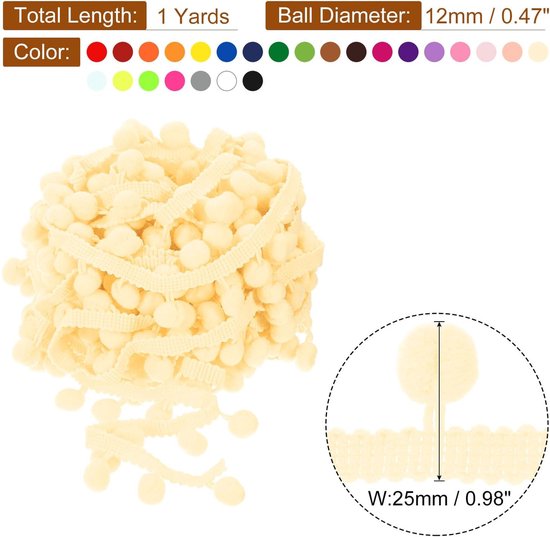25 kleuren pompon bal franje boord, 1 yard lint naaitoebehoren doe-het-zelf knutselen voor thuis gordijn jurk kussen decoratie (12 mm) — afbeelding 5